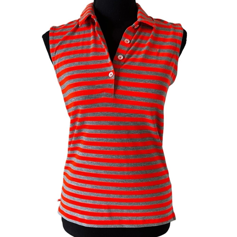 Louis Castel Womens Sleeveless‎ Polo Shirt Orange Gray Striped Dachshund Size 90